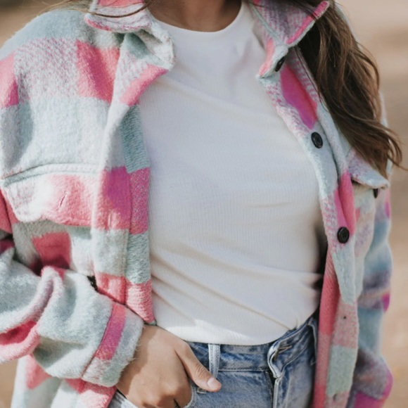 60 Oversized Soft Heavyweight Green Pink Plaid Cozy Brushed Shacket Pockets - Picture 3 of 9